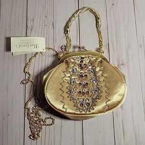 Gorgeous BARBARA Pelletarria Italy Clutch Satin Beaded  Bag  Gold NWT